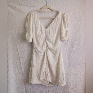 Zara White Viscose Textured Fabric With Subtle Polka Dots Pattern L